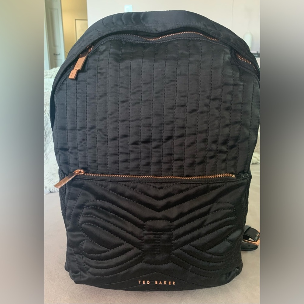 Ted Baker Black Quilted Backpack with Rose Gold Accents